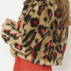 Red Faux Fur Animal Print Cropped Jacket